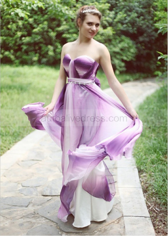 Ombre Ivory/Plum Chiffon Long Prom Dress